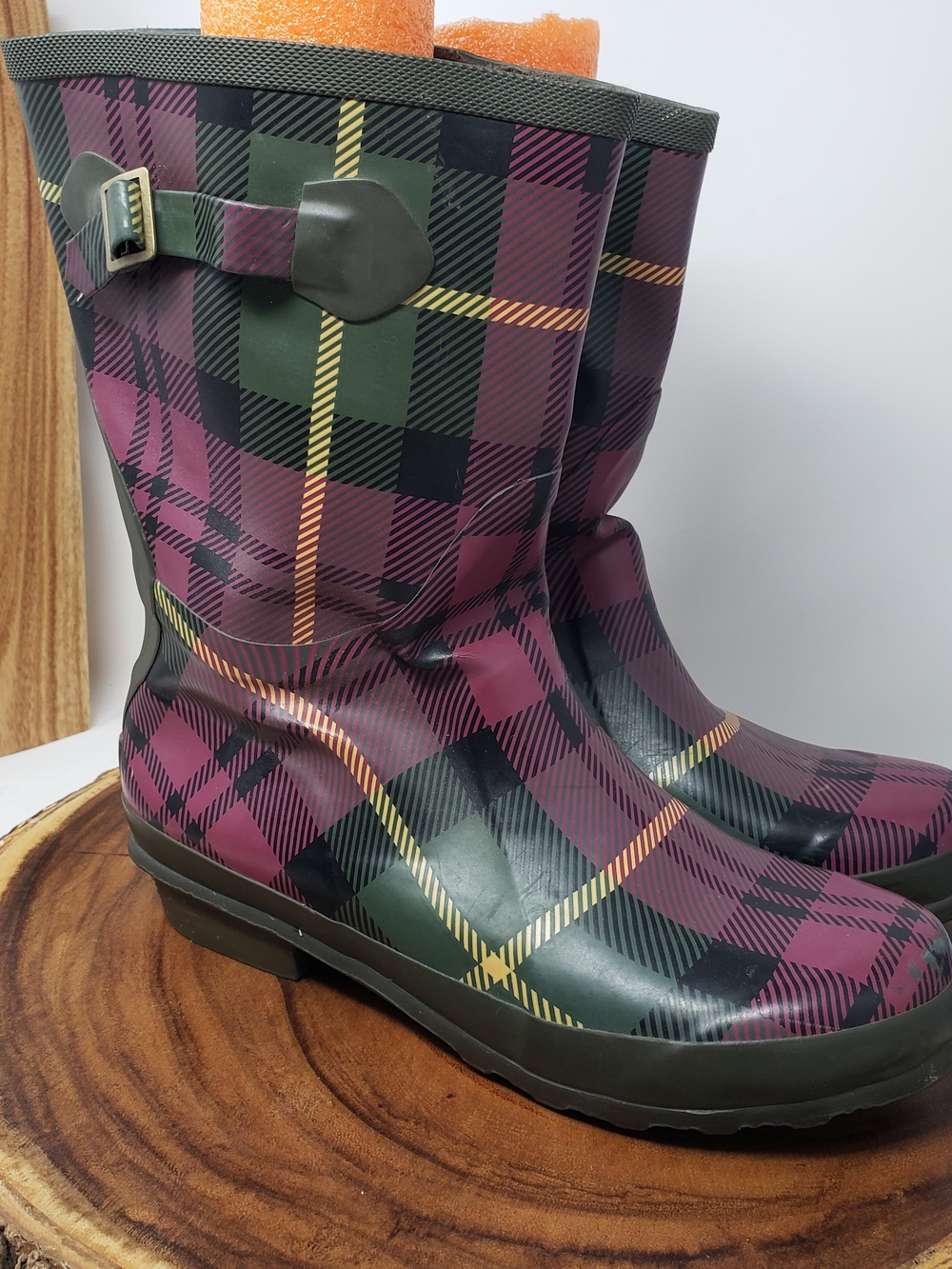 L.L. Bean Burgundy and Green Plaid Rain Boots